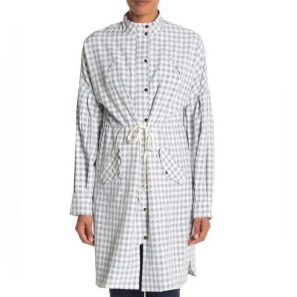 Stelen English Factory Women’s Med Grey Gingham Balloon Sleeve Zip Long Jacket - Picture 2 of 11